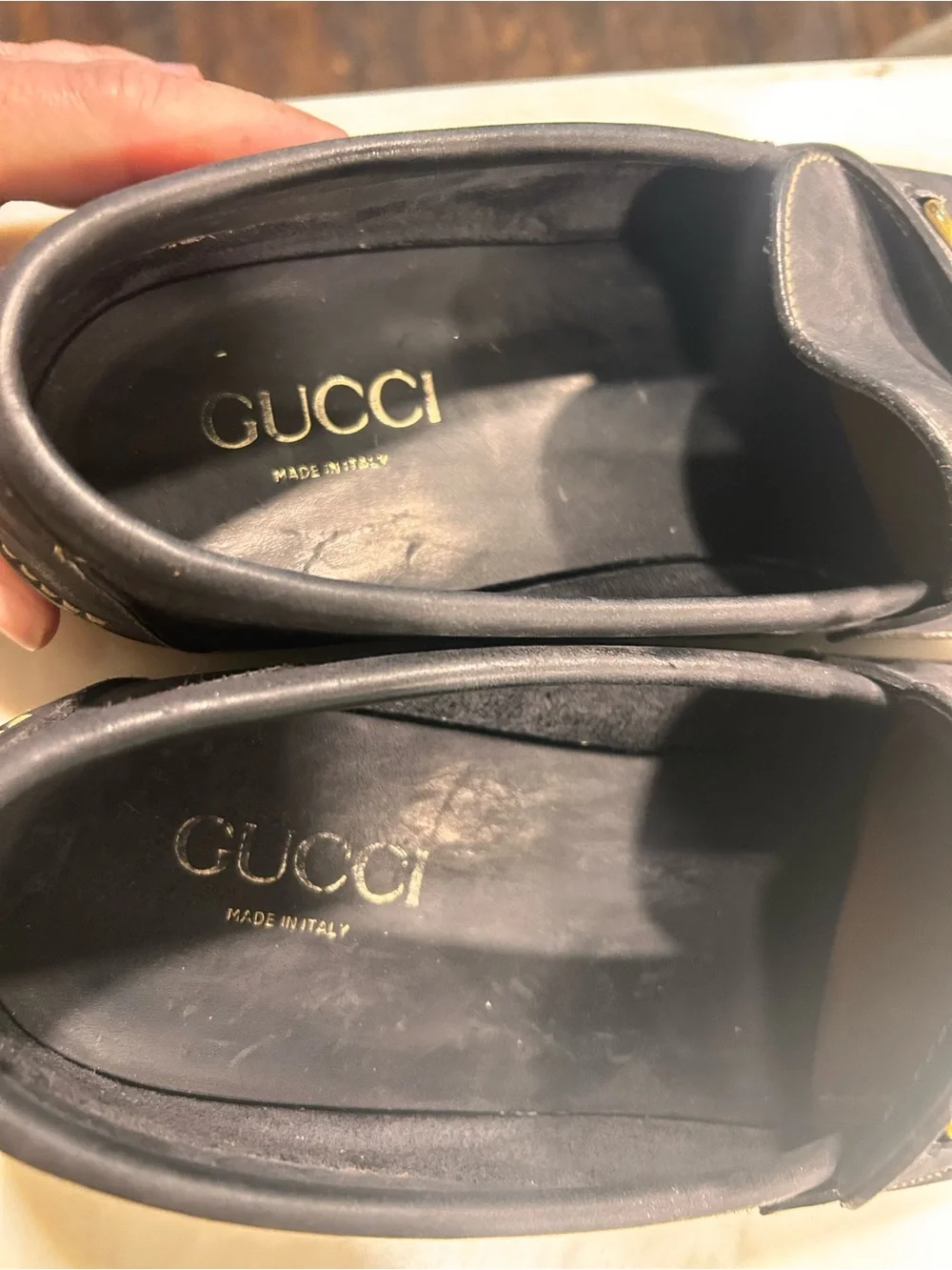 Gucci vintage Navy Leather Bit Loafers with Gold Hardware